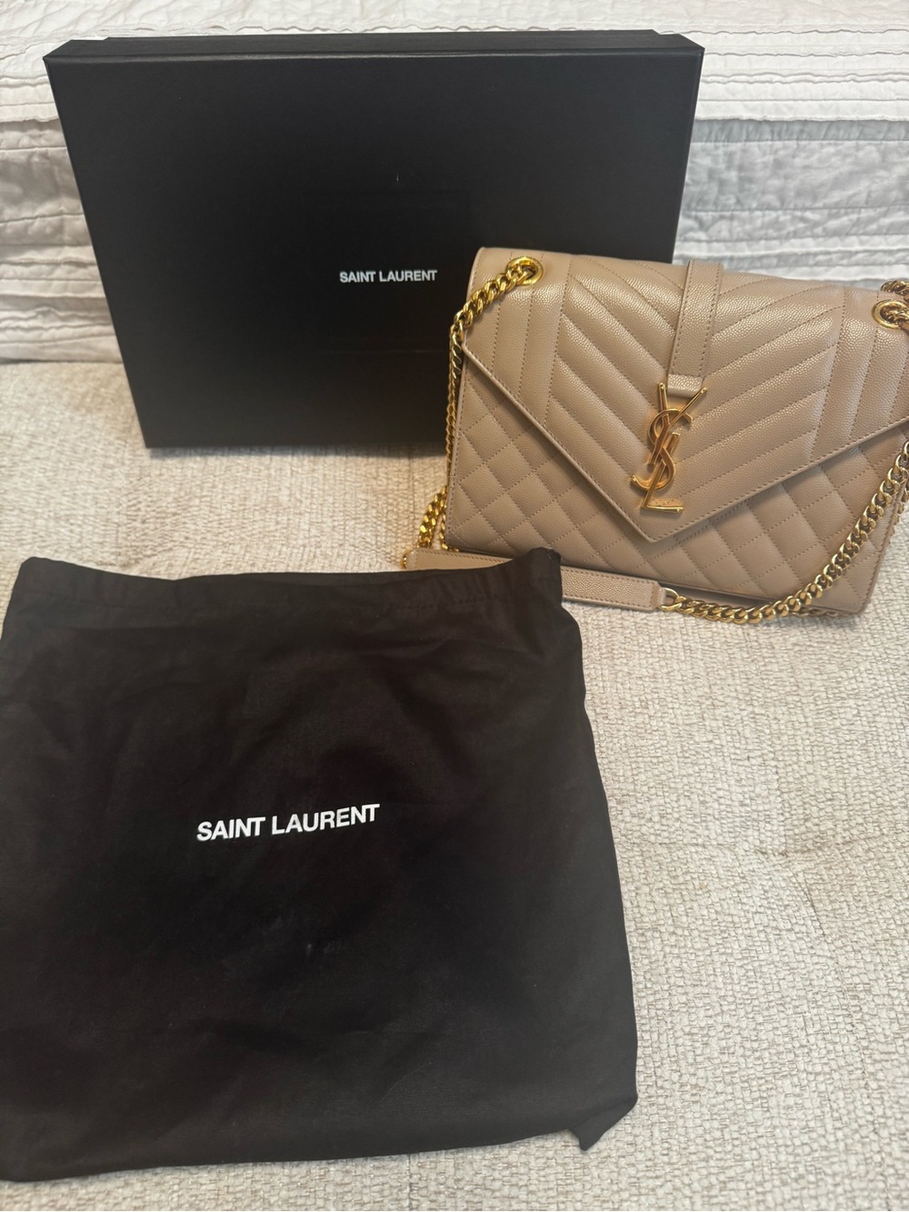 Saint Laurent Beige Medium Quilted Leather Envelope Chain Bag